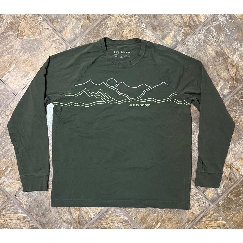 Life Is Good Crusher-Flex Shirt Mens Large Green Long Sleeve Mountain
